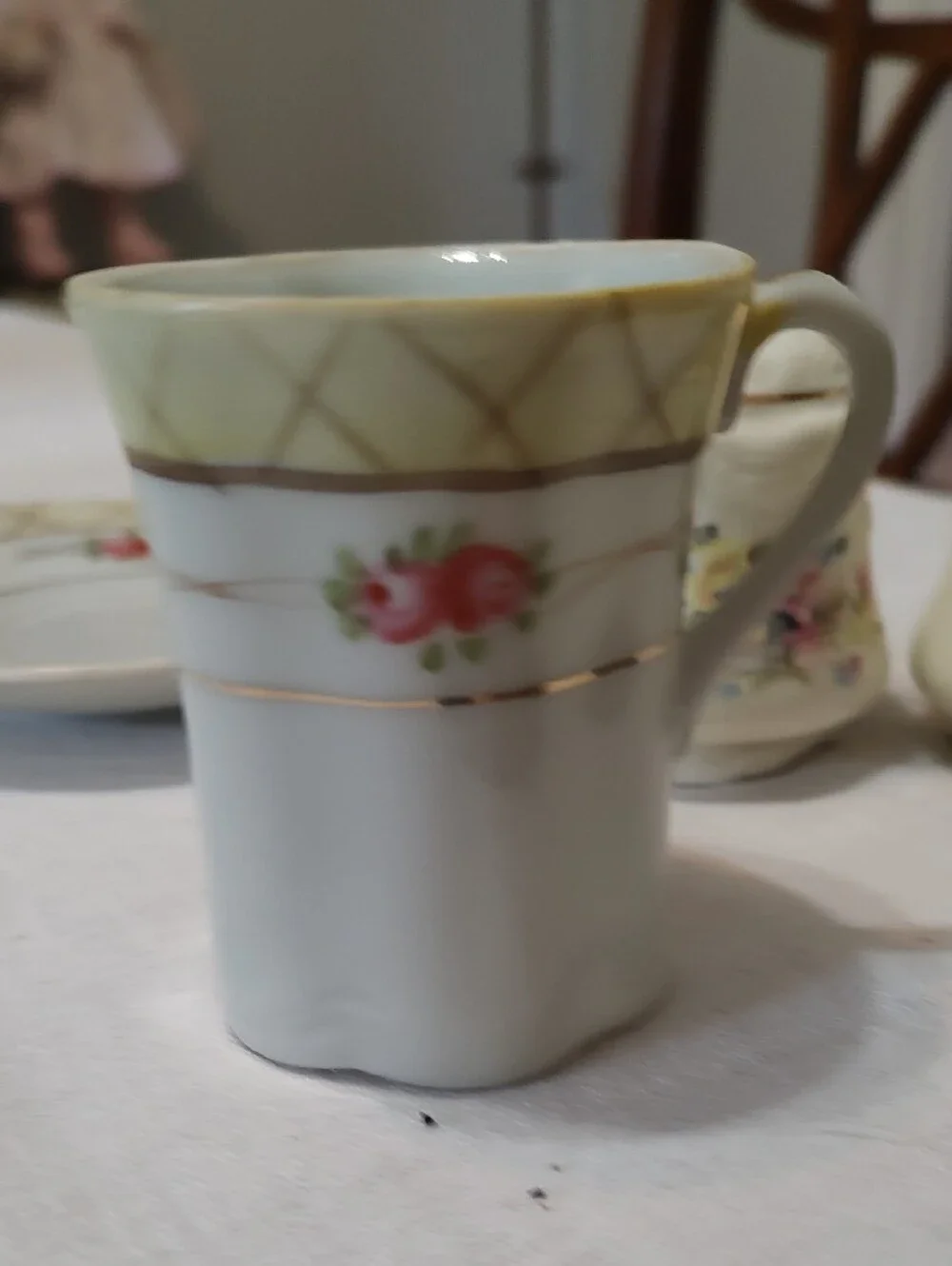 Porcelain Floral Demitasse Cup & Saucer with Salt and Pepper Shakers - Cream